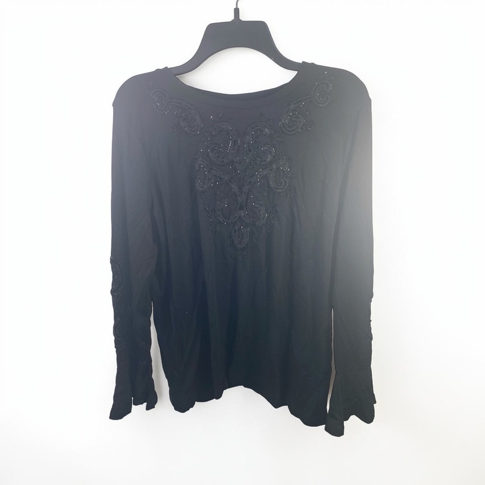 Chicos Black Beaded Embroidered Long Sleeve Top Size 2 L Round Neck Bell Cuff